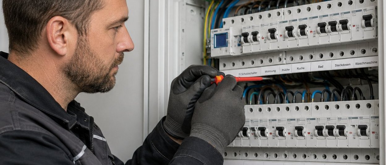 Elektriker prüft und verdrahtet einen Sicherungskasten