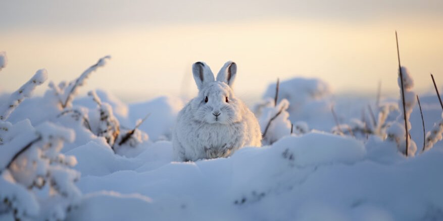 Weißer Hase sitzt zwischen verschneiten Pflanzen in einer winterlichen Landschaft