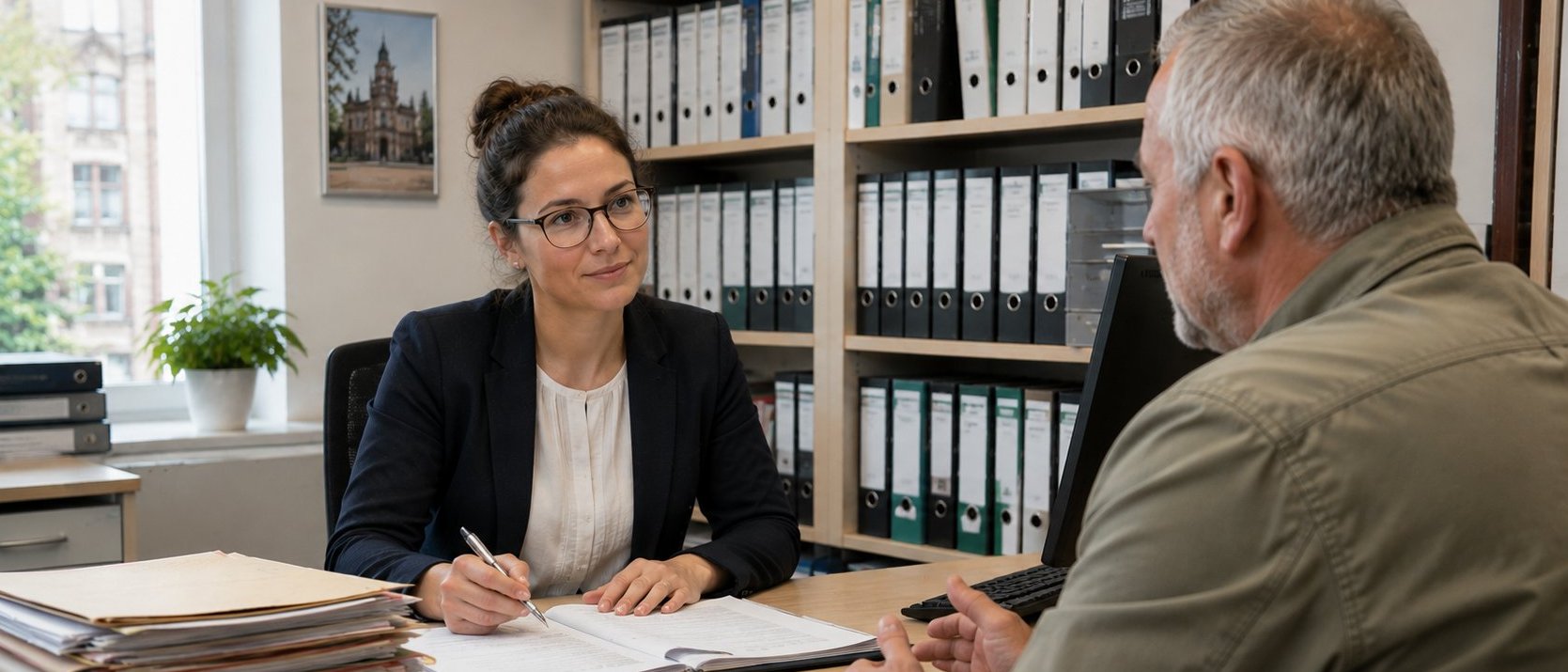 Beraterin führt ein persönliches Gespräch mit einem älteren Mann in einem Büro